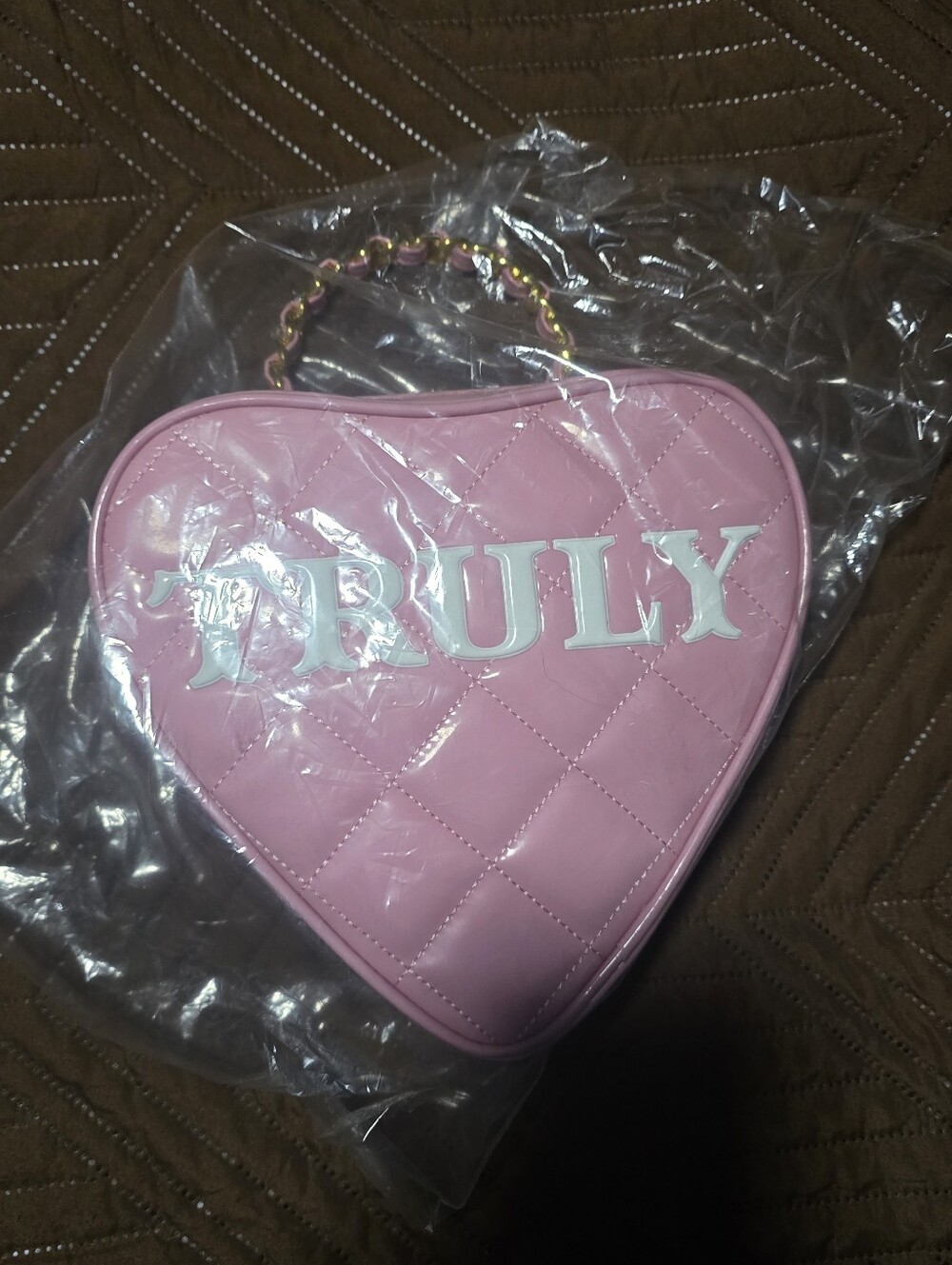 TRULY Beauty limited edition pink quilted heart handbag with gold chain